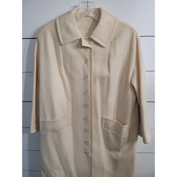 Vintage The Travelaire Cream Wool Button Split Cuff Union Made Dress Coat Sz 16 - Picture 2 of 16